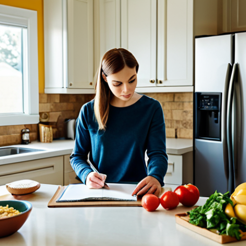 Home 7 A person planning meals for the week at a kitchen table, reviewing a shopping list and checking the contents of the refrigerator. Modest clothing, natural lighting, kitchen setting, safe for work, perfect anatomy, correct proportions, fully clothed, appropriate content, family-friendly.