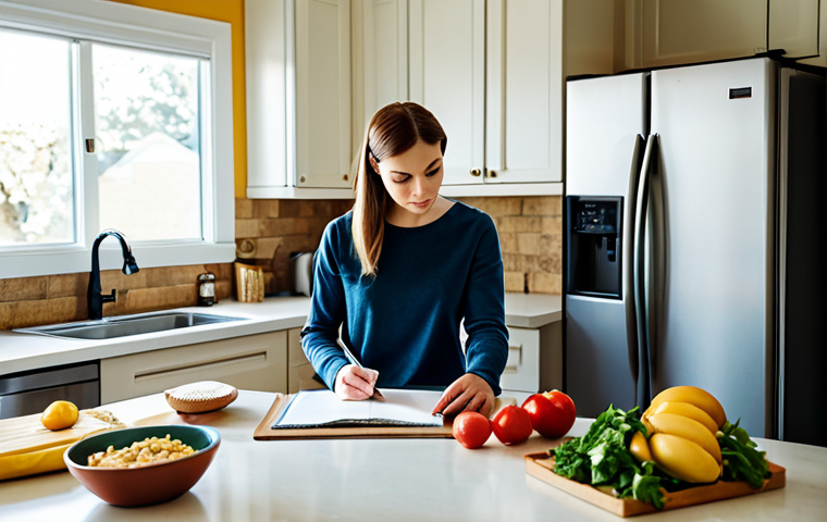 A person planning meals for the week at a kitchen table, reviewing a shopping list and checking the contents of the refrigerator. Modest clothing, natural lighting, kitchen setting, safe for work, perfect anatomy, correct proportions, fully clothed, appropriate content, family-friendly.