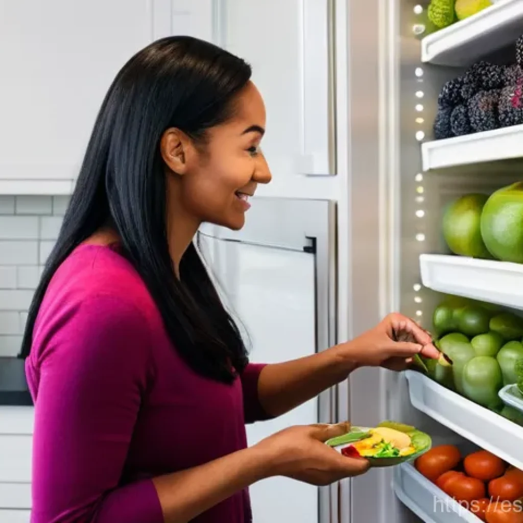 환경 보호를 위한 식품 폐기물 줄이기 캠페인 - **Prompt:** A bright, modern kitchen with an open, meticulously organized refrigerator. A cheerful a...