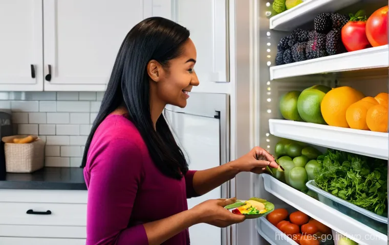 환경 보호를 위한 식품 폐기물 줄이기 캠페인 - **Prompt:** A bright, modern kitchen with an open, meticulously organized refrigerator. A cheerful a...