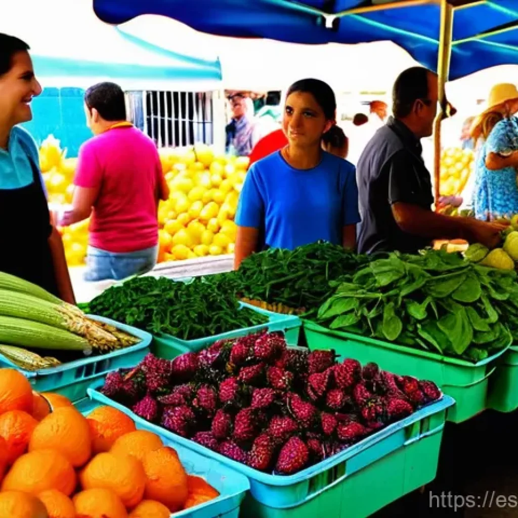 계절 식품 사용으로 폐기물 줄이는 스마트한 방법 - **Prompt:** A bustling and vibrant "mercado local" (local market) in a charming, sun-drenched Spanis...