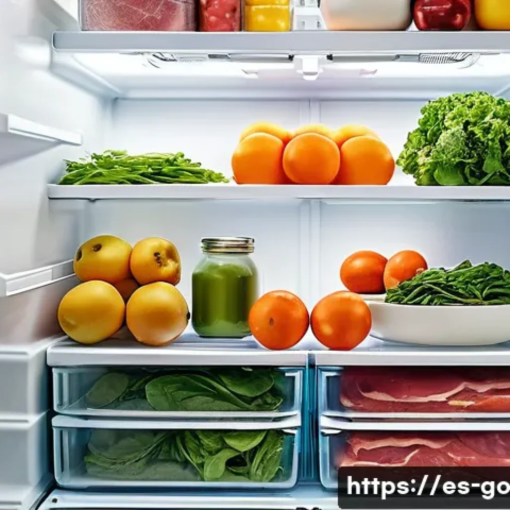 냉장고 정리로 식품 폐기물 줄이기 위한 팁 - **A meticulously organized refrigerator interior.** The scene is brightly lit, showcasing various fo...