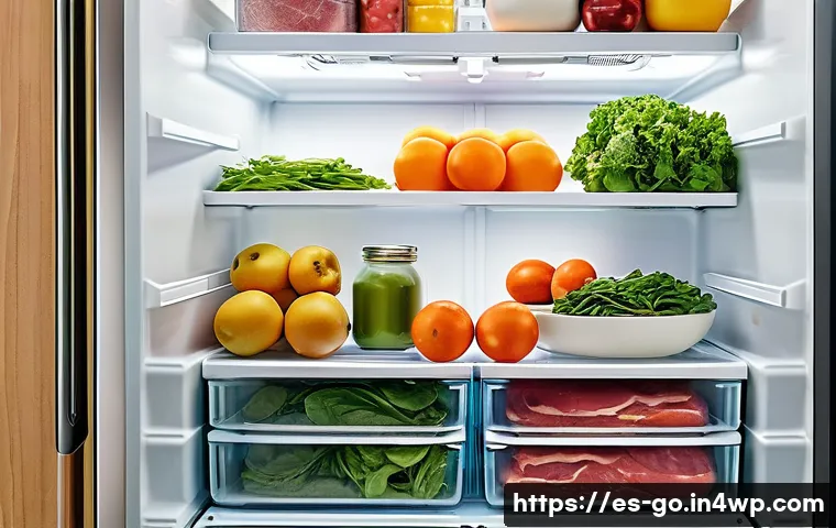 냉장고 정리로 식품 폐기물 줄이기 위한 팁 - **A meticulously organized refrigerator interior.** The scene is brightly lit, showcasing various fo...