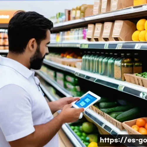 Home 33 식품 폐기물 줄이기를 위한 비즈니스 모델 분석 - A modern local grocery store in a Spanish-speaking community, featuring shelves with fresh fruits an...