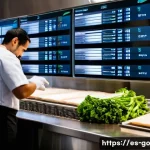 Home 20 레스토랑의 식품 폐기물 관리 성공 사례 - A modern Spanish restaurant kitchen with digital inventory management screens displaying real-time i...