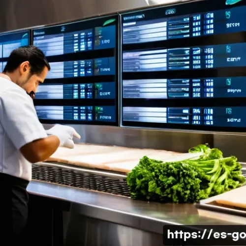 Home 32 레스토랑의 식품 폐기물 관리 성공 사례 - A modern Spanish restaurant kitchen with digital inventory management screens displaying real-time i...