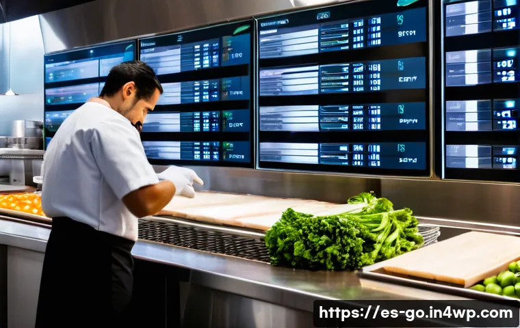 레스토랑의 식품 폐기물 관리 성공 사례 - A modern Spanish restaurant kitchen with digital inventory management screens displaying real-time i...
