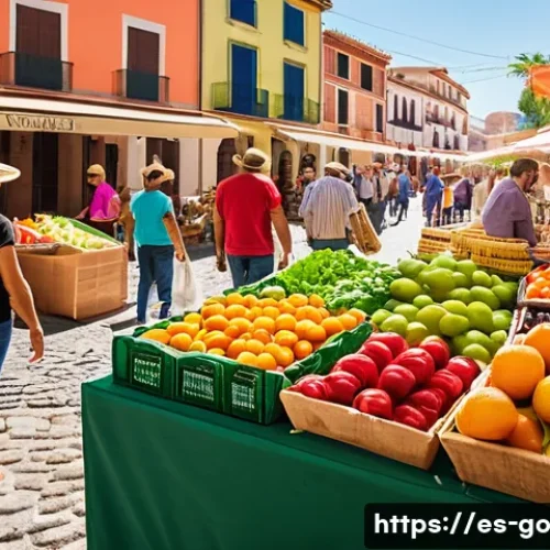 Home 31 식물성 식품 소비 증가로 폐기물 줄이기 - A vibrant farmers’ market scene in a sunny Spanish town plaza, featuring local vendors selling fresh...