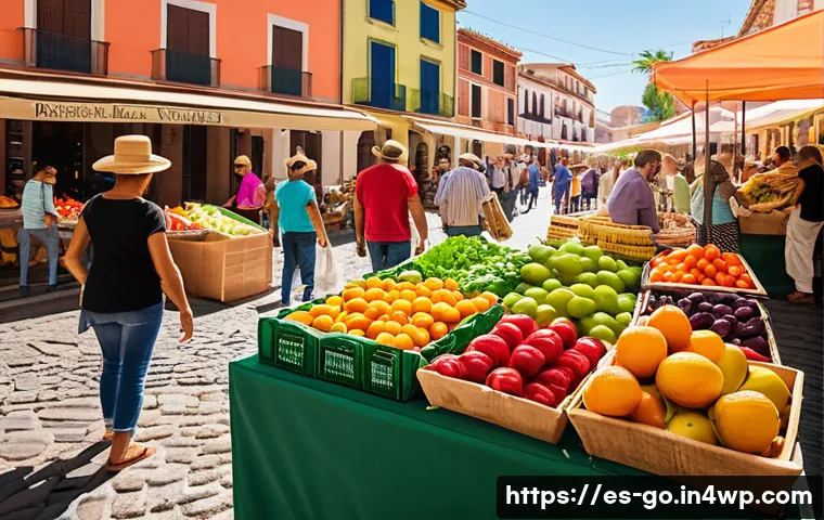 식물성 식품 소비 증가로 폐기물 줄이기 - A vibrant farmers’ market scene in a sunny Spanish town plaza, featuring local vendors selling fresh...