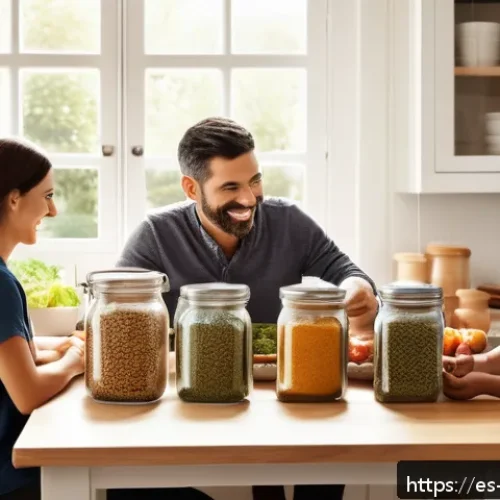 Home 17 저염 식단으로 식품 폐기물 최소화하기 - A bright, modern Spanish kitchen scene showcasing a family of four planning their weekly meals toget...