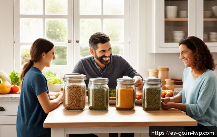 저염 식단으로 식품 폐기물 최소화하기 - A bright, modern Spanish kitchen scene showcasing a family of four planning their weekly meals toget...