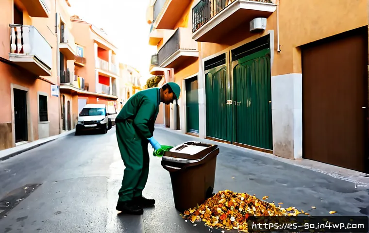 식품 폐기물 문제에 대한 정부 정책 분석 - Photorealistic municipal food-waste collection scene in a sunlit Spanish neighborhood, sanitation wo...