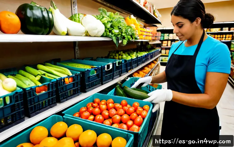 음식물 쓰레기 줄이기를 위한 유통업체 전략 - Photorealistic Spanish neighborhood grocery store produce section, a store employee in a clean apron...