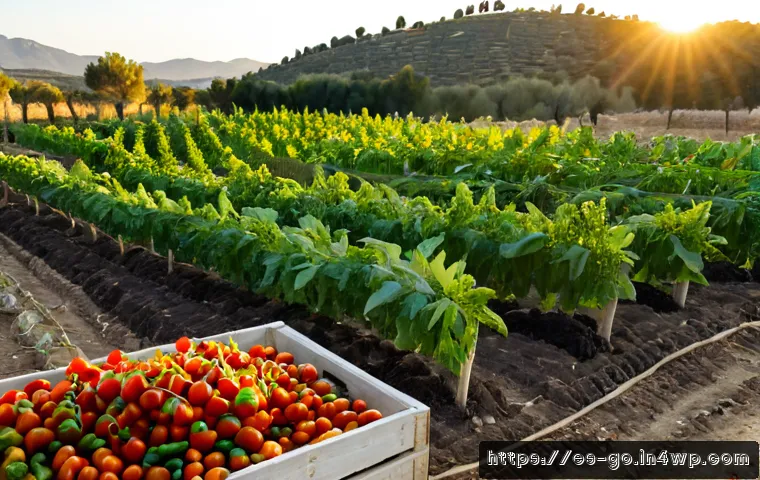 Home 15 식품 폐기물 감소를 위한 대안적 농업 사례 - Photorealistic regenerative farm in rural Spain, diverse vegetable rows beside an olive grove, a far...
